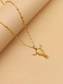 1件18K镀金不锈钢个性化嘻哈街头项链，复古不锈钢牛头骨吊坠项链，男女通用动物魅力西部牛仔嘻哈饰品 - 金黃色 - 查看 7