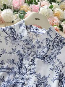 Fashionable Elegant Random Print Long Sleeve Tie Waist Loose Dress