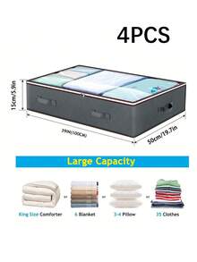 1个/2个/3个/4个装全新材质床底收纳盒，玩具整理盒和包装袋，床底鞋柜收纳方案，带透明窗口和加固设计，适用于收纳毯子、被子、床上用品、衣物等。 - 灰色 - 查看 11