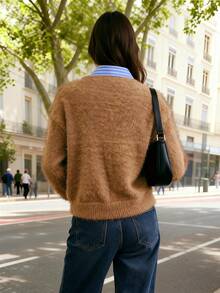 Women's Brown Knit Sweater, Soft Crew Neck Long Sleeve Pullover, Daily Holiday