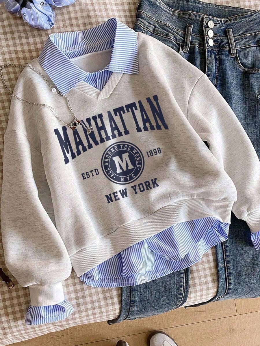 2pcs Young Girl Letter & Stripe Print Warm Sweatshirt Set - Grey - View 1