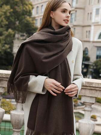 1pc Women's Casual Tassel Solid Color Faux Cashmere Scarf, Elegant Minimalist Soft Warm Shawl Wrap, Suitable For Winter Outings