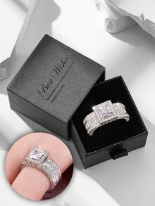 Luxury Square Cubic Zirconia Ring Set, Women's Wedding Party Jewelry, Ideal Gift For Lover Or Mother - Silver - View 15