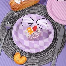 10/20/50pcs,Pink Purple Check Stripe Bow Disposable 7inch Paper Plates,Coquette Bow Dinner Plate,Cute White Striped Bow Print Round Plates,Lavender Argyle Check & Pink Diagonal Stripe Bow Pattern Plate For BabyShower Birthday Party Supplies - Multicolor - View 4