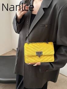 Bolso de hombro de unicolor, de moda y elegante, con estilo vintage impreso, cartera con solapa, bolso cruzado de PU, para uso diario de mujer - Amarillo - Ver 7