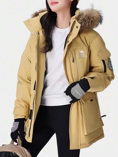 CAMEL CROWN Women's Down Parka Coat, New Winter Style, Windproof, Waterproof, Warm, Fur Collar, Cargo, Thick Down Mid-Length Jacket