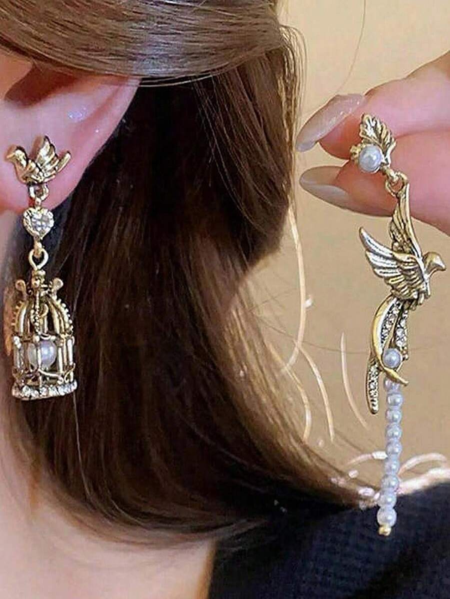 1 Pair Vintage Gothic Punk Exaggerated Asymmetric Birdcage Earrings - Caged Bird Earrings - View 1
