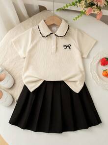 2件套女童休闲蝴蝶印花纽扣领短袖上衣和百褶裙套装，夏季 - 杏色 - 查看 1