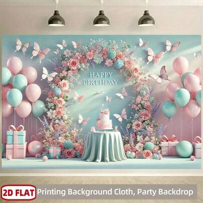 2D Flat, 1 Elegant Floral And Butterfly Birthday Party Background Banner With "Happy Birthday" Text - 2D Flat/Church Milestone Decoration, Indoor/Outdoor Hanging, Suitable For Baptisms, First Communions, Baby Showers, Weddings, And Parties, 2D Flat