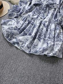 Fashionable Elegant Random Print Long Sleeve Tie Waist Loose Dress