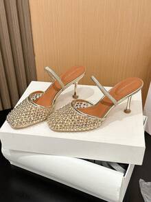Xin Jing Shoes Giày cao gót nữ thanh lịch, giày bít mũi tròn đính đá, kiểu dáng khoét gót, thích hợp cho công sở và hẹn hò, kiểu giày bít mũi hở gót. - Vàng - Xem 12