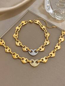 1Pc 18K Gold Plated Stainless Steel Luxury Full Heart Chain Bracelet For Women, Elegant Mom Gift Christmas Carnival Winter Jewelry Wedding Rave/Prom/Party/Daily Accessories Gift For Anniversary Valentine's Day Boho Jewelry Birthday Bridesmaid Gifts - Multicolor - View 9