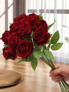 1 pieza/4 piezas/5 piezas/6 piezas/7 piezas/8 piezas/10 piezas/12 piezas/16 piezas Rosas rojas de terciopelo artificial, rosas falsas realistas, ramo de novia, decoración floral, rosas falsas, regalo del Día de San Valentín, fiesta de boda, decoración del hogar, decoración navideña, regalo de cumpleaños, decoración interior y exterior (Nota: Puede tener aroma, colóquelo cerca de una ventana durante 1-2 días para su ventilación), plantas artificiales - Burdeos - Ver 1