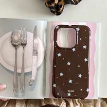 复古星形玳瑁纹箔面手机壳，兼容 17 Pro Max/16/15 Pro（新款）/14 Pro Max，可爱女生手机壳，防摔保护套，时尚手机壳 - 棕色 - 查看 12