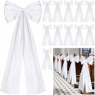 Large Wedding Pew Bows With Long Tails 12 X 29.5 Inch Wedding Aisle Decorations Bows Satin Ribbon Background Decor For Bridal Shower Reception Ceremony White12 Pcs