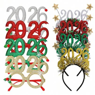 1/2/3 套装 [1 套 2 件] 2026 闪光发箍和眼镜框（不含镜片），红色、金色、银色 - 大号 2026 数字，适用于新年夜、圣诞派对用品、2026 主题派对装饰（塑料材质，颜色编码），适合圣诞节、新年、情人节和各种派对活动