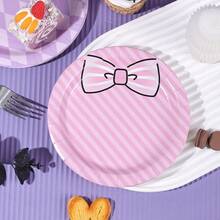 10/20/50pcs,Pink Purple Check Stripe Bow Disposable 7inch Paper Plates,Coquette Bow Dinner Plate,Cute White Striped Bow Print Round Plates,Lavender Argyle Check & Pink Diagonal Stripe Bow Pattern Plate For BabyShower Birthday Party Supplies - Multicolor - View 5