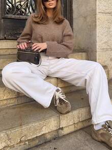 SEREN Nuevo suéter de cuello redondo de unicolor para mujer, de otoño e invierno, holgado y casual con hombros descubiertos, suéter de punto adecuado para uso diario - Camel - Ver 6