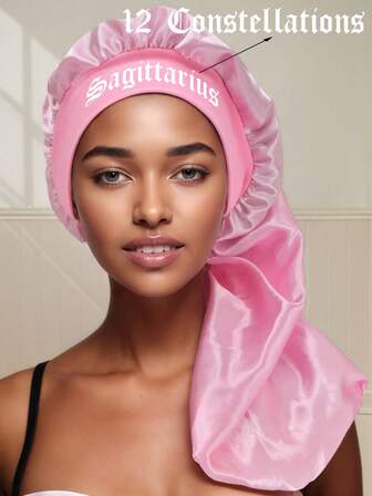 Women's 12 Constellations Hair Long Bonnet 1PC, Silk Material With Wide Brim & Elastic Band, Silk Long Bonnet,Pink Color, Suitable For Sleeping, Fits Curly And Straight Hair, Also Acts As A Shower Cap