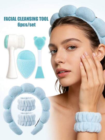 Set de 6 piezas para el cuidado facial: Limpieza profunda, Set de cepillos para mascarillas de SPA - Kit de cuidado de la piel portátil, incluye diadema de franela suave, cepillo exfoliante de silicona - Regalo ideal para mujeres