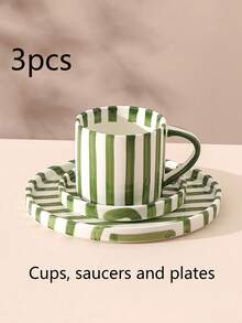 Zestaw 3 klasycznych ceramicznych filiżanek do kawy w paski, spodków i talerzyków, minimalistyczne kubki w stylu retro, skandynawskie, odpowiednie do latte, kawy, matchy, herbaty, kawy arabskiej, duża pojemność amerykańskiej filiżanki do kawy, świetny prezent dla przyjaciół i rodziny - Wielokolorowe - Zobacz 13