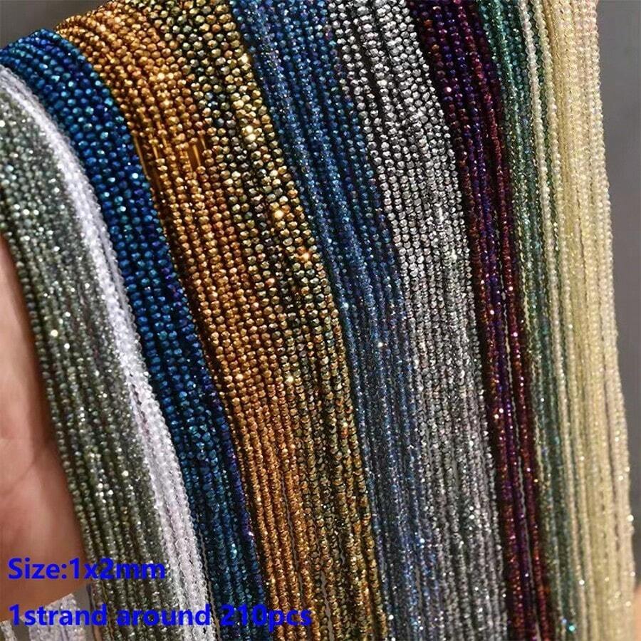 1 hebra de 210 piezas de cuentas de cristal facetadas de 1x2mm de color AB brillante, cuentas espaciadoras redondas de cristal para hacer joyas, hallazgos DIY, collares hechos a mano - Cuentas planas de 1x2 mm - Ver 1