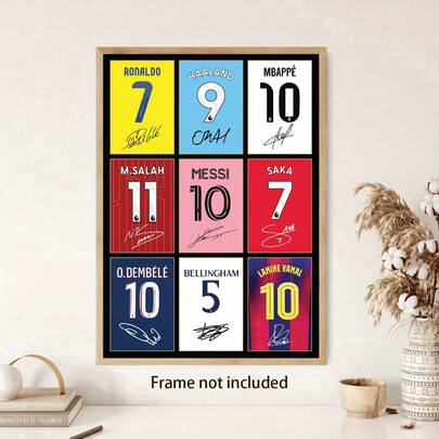 1PC Autographed Photo Of A Football Star Printed On Canvas,Jersey Number 7, 9, 10, 11, Autobiographical Style Display, Icons Wall Art Bellingham Ronaldo Mbappe Salah Dembele Saka Signed A4 Printed Photo Picture Display Gift For Football Fans Digitally Reproduced Signature, Suitable For Home, Office