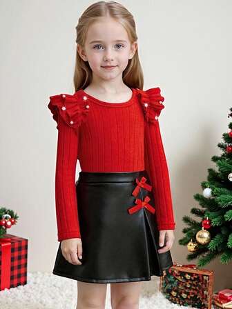 Girls' Outfit, Beaded Ruffle Trim Round Neck Long Sleeve Top + Elegant 3D Bow PU Leather Skirt Fashion Set, Suitable For Autumn Daily Wear, Birthday Party, Family Outing