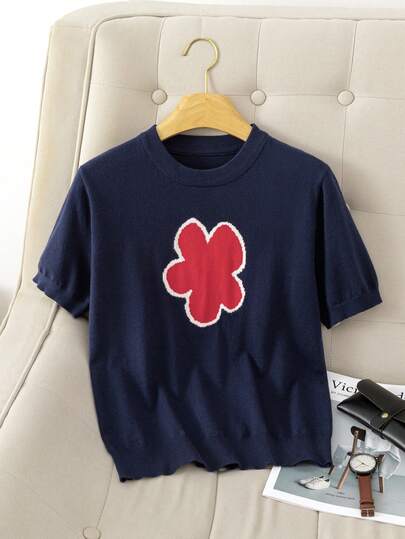 法式复古 2026 撞色印花圆领短袖针织女式上衣，优雅T恤内搭，春夏款