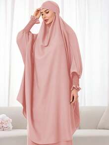 (One Piece Half Sleeve Hijab) Elastic Cuff Design Loose Comfortable Conservative Hijab Khimar Jilbab Suitable For Women's Daily Wear And Prayer - 彩色 - 查看 6