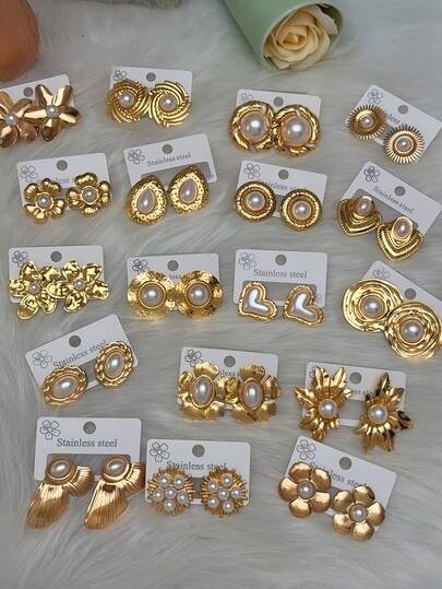 20 Stück/Set modische & einzigartige zufällige Stil Ohrstecker Set, Edelstahl Ohrstecker, geeignet als Geschenk für Mitschüler und Freunde, direkt ab Werk, Damen Ohrringe, Goldohrringe, Damen Goldohrringe