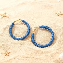 A Pair Bohemian Vacation Earrings, Raffia Wire-Wrapped Hoop Design For Gift Exchange Bold Unique Women Statement Earrings Beach Party Summer All Seasons - 深藍色 - 查看 13