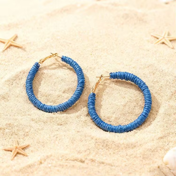 A Pair Bohemian Vacation Earrings, Raffia Wire-Wrapped Hoop Design For Gift Exchange Bold Unique Women Statement Earrings Beach Party Summer All Seasons - Dark Blue - View 13