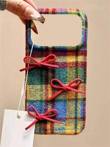 秋冬季可爱3D蝴蝶结彩色格纹毛绒刺绣手机壳，兼容 17 Pro Max/17 Pro/17/16/15/14/13 Pro Max，奢华创意设计，防震后盖，礼品之选 - 格紋 - 查看 4