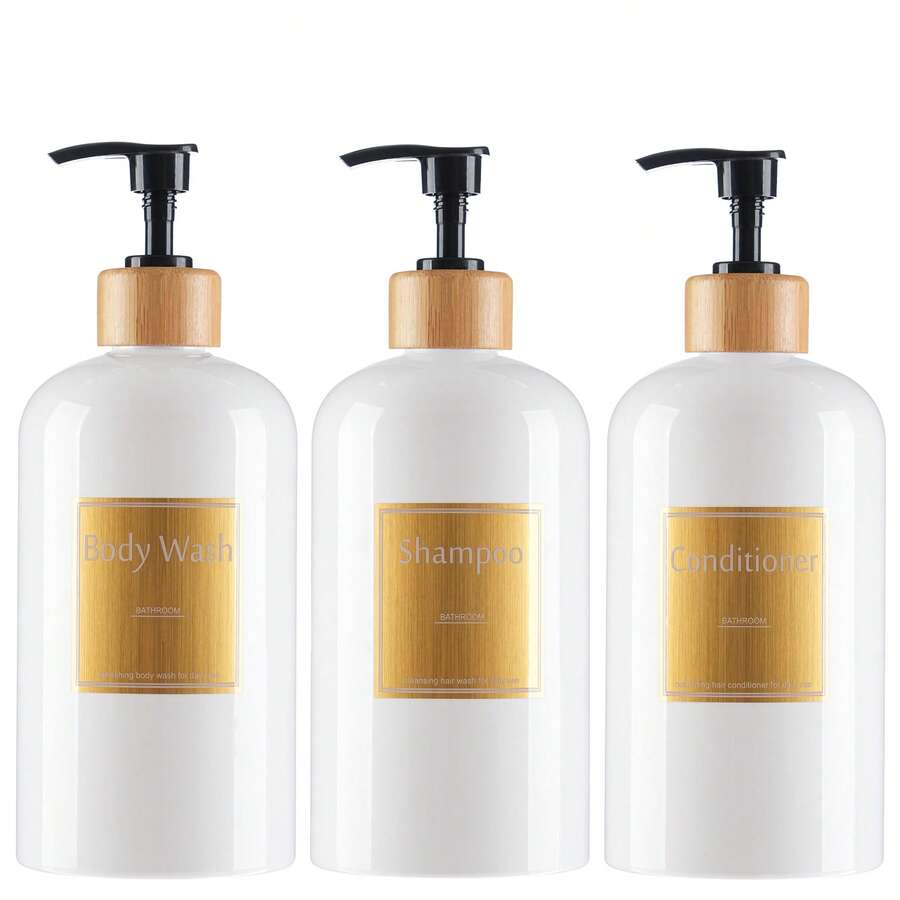3个500毫升浴室洗发水、沐浴露、护发素可重复灌装瓶，带按压泵，金标 - 彩色 - 查看 1