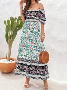 Women's Bohemian Beach Vacation Dress One Shoulder Bubble Sleeve Long Skirt - 綠色 - 查看 4