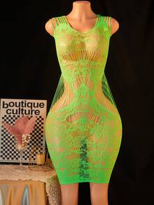 女士性感吊带网眼连衣裙镂空花卉图案娃娃衫弹力修身连衣裙贴身睡衣 - 綠色 - 查看 1