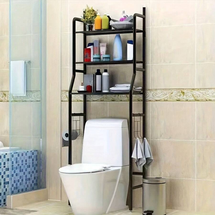 Multi-Functional Three-Layer Toilet Stand, Independent Storage Rack, With Toilet Paper Rack And Hook, Space-Saving Bathroom Organizer And Storage Rack, Practical Storage Rack, Shelf And Shelf System, Industrial Storage Rack - màu đen - Xem 1