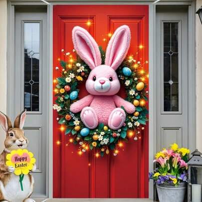 2D Door Banner, Easter Bunny Wreath Door Cover - Vibrant Spring Floral Decor With Colorful Eggs And Flowers, Perfect For Indoor/Outdoor Use, Ideal For Home, Garden, Yard, And Holiday Party Decoration