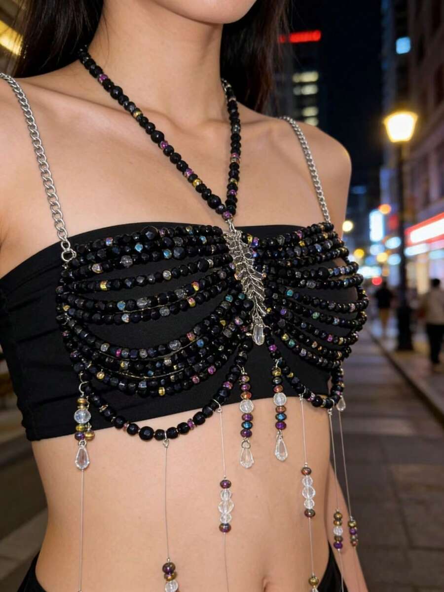 性感黑色串珠多层胸链/腰链，配水晶流苏 - 街头风节日派对配饰 - 黑色 - 查看 1