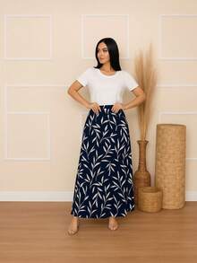 Long, Printed Viscose Skirt, Lined, High Waist With Pockets And Side Slits. - 藏蓝色 - 查看 1