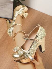Glitter Gold Patent Leather Bridal Shoes, Bridesmaid Wedding Shoes For Women, Thick Sole Waterproof Platform Super High Heels Formal Dress Pumps - Vàng - Xem 1