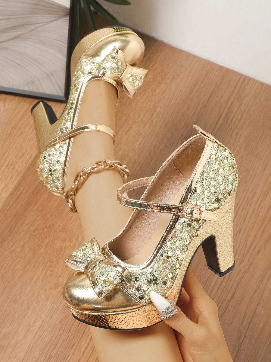 Glitter Gold Patent Leather Bridal Shoes, Bridesmaid Wedding Shoes For Women, Thick Sole Waterproof Platform Super High Heels Formal Dress Pumps - Vàng - Xem 1