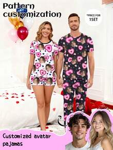 Customized Men's Short Sleeve Pajama Set, Can Print Any Pattern, Personalized Pajamas With Photos, Funny Customized Images, Comfortable Sleepwear. Suitable For Valentine's Day, Birthday, Gifts, Personalized, Colorful, Cute, Witty, Unique, Exclusive, Ideal Boyfriend Gift, Suitable For Boyfriend, Family, Friends, Elders, Fashionable For Autumn, Holiday Party - Black - View 4