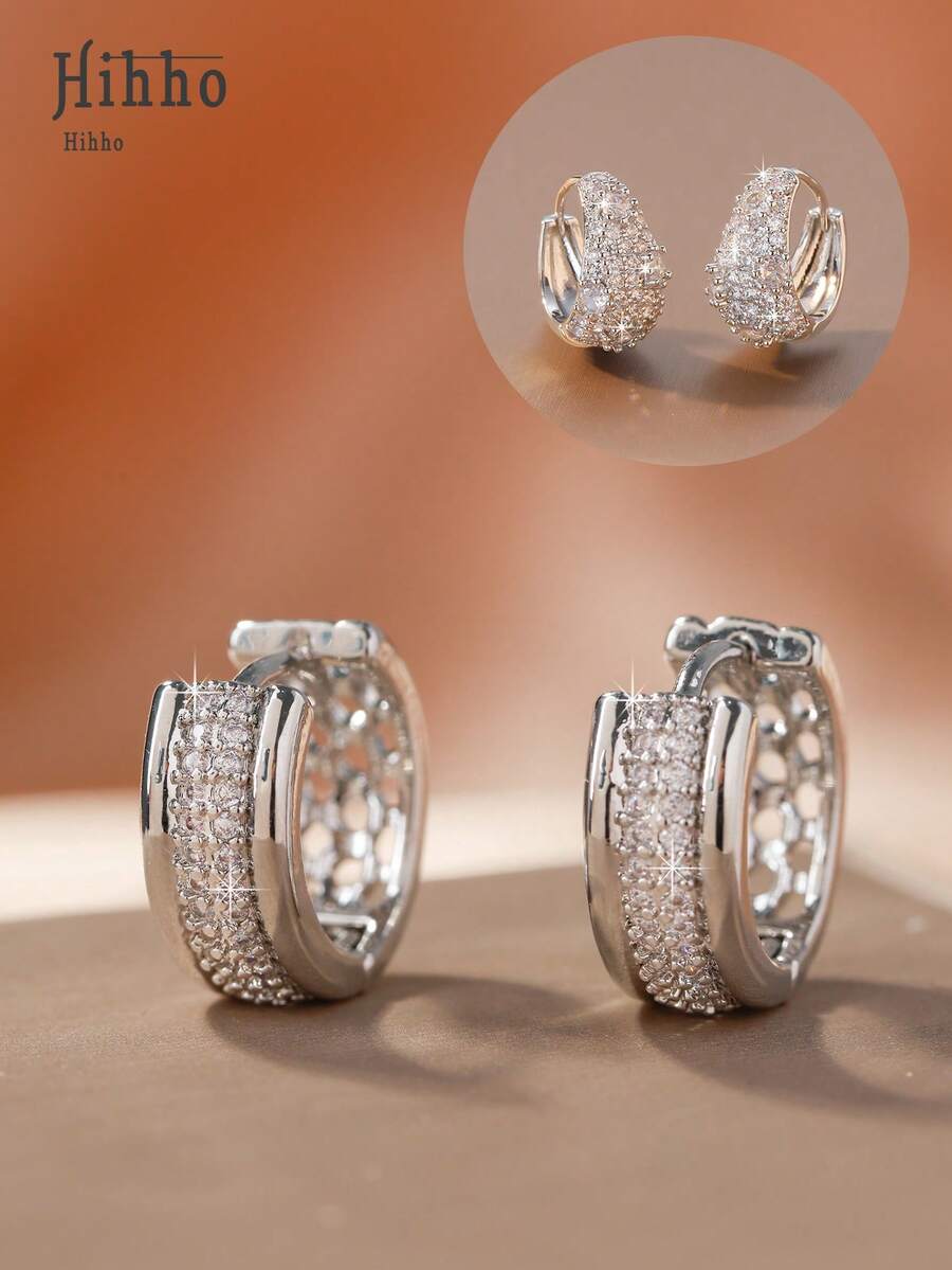 Hihho 1 Cặp bông tai tròn đính đá Zirconia trắng sáng bóng, thiết kế cổ điển hai hàng dành cho nữ, bông tai thanh lịch kiểu Pháp thích hợp cho các buổi hẹn hò và làm quà tặng - Bạc - Xem 1