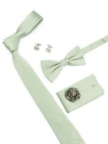 5pcs/Set Sage Green Wedding Groomsmen Tie Set Including Tie, Bow Tie, Pocket Square, Boutonniere, Cufflinks, INS Style - Mint Green - View 2