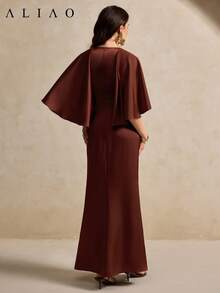 Aliao 优雅美人鱼廓形纯色连衣裙，适合新年、情人节、优雅女士、海滩穿着、感恩节、毕业典礼、宫廷风格、宴会、情人节、舞会、节日等场合。 - 咖啡 - 查看 6