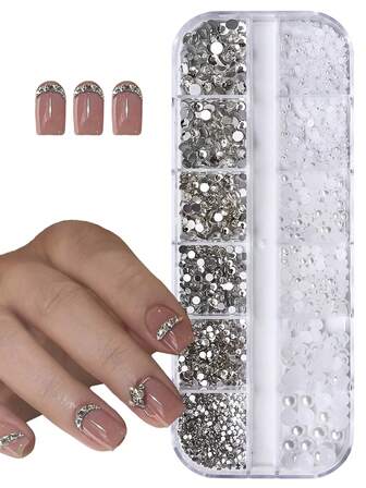 12颗网格平底水钻和珍珠美甲饰品，适用于亚克力3D美甲，透明玻璃水晶美甲石，珍珠水晶3D魅力宝石，多形状3D美甲钻石，用于美甲和DIY装饰。1盒美甲水钻和珍珠美甲饰品，适用于亚克力美甲，水晶美甲用品，半圆形美甲宝石 - 水晶、半圆形、珍珠，用于DIY美甲装饰配件用品。