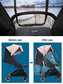 1件透明婴儿车雨罩，采用EVA材质，防风、防雨、防尘、防雪，高透明度，柔软舒适，易于安装，双向拉链方便取用，适用于95%的婴儿车型号，四季皆宜。