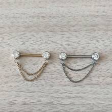 1 pièce Bijou de piercing au téton en titane G23 avec chaîne et chaton en CZ. Barres de piercing pour la langue et les tétons, piercing sexy pour les mamelons pour femmes - Clou à téton - Voir 7